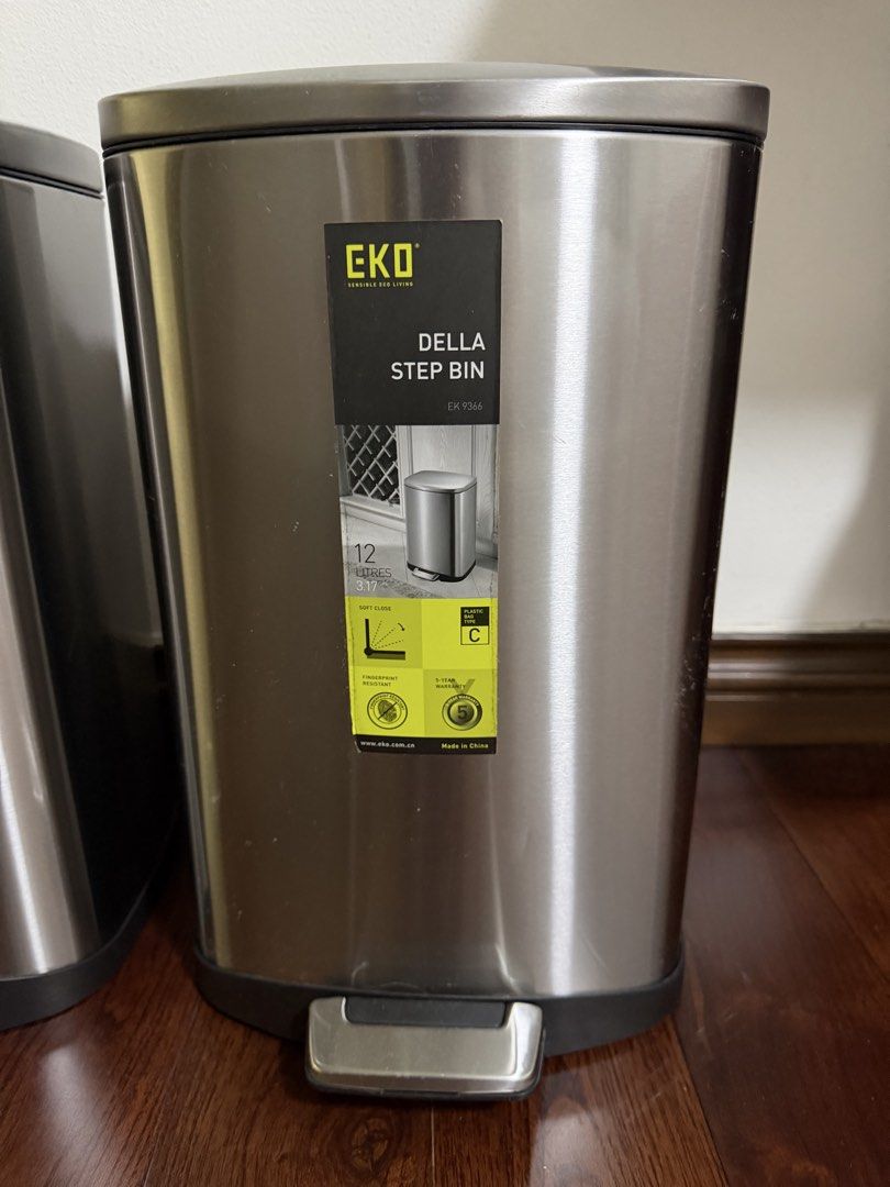 EKO Della Step Bin 12 Litres Stainless Steel (Category: Waste Bins & Bags) located in Makati City. Submitted by monkeykingo (Listing ID 1466732521, Image 2). Description: - Set of three EKO Della step bins (12 liters capacity each) - Durable stainless steel body with a fingerprint-resistant finish - Convenient step pedal operation and quiet soft-close lid mechanism - Two bins still feature the original product stickers on the front - Excellent, c