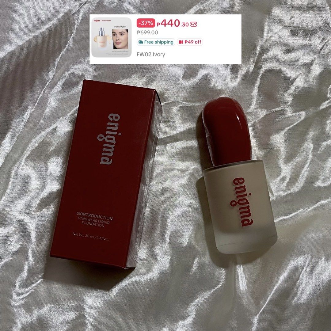 ENIGMA FOUNDATION (IVORY) (Category: Makeup) located in Manila. Submitted by 3z6lia (Listing ID 1466744126, Image 1). Description: • this is an extra bottle and ‘di pa ubos first ko coz umitim ako !! • bought it on tiktok na walang sale:( • selling it instead of throwing coz sayang • mop: maribank • mod: JNT • Luzon-Based (Abra).