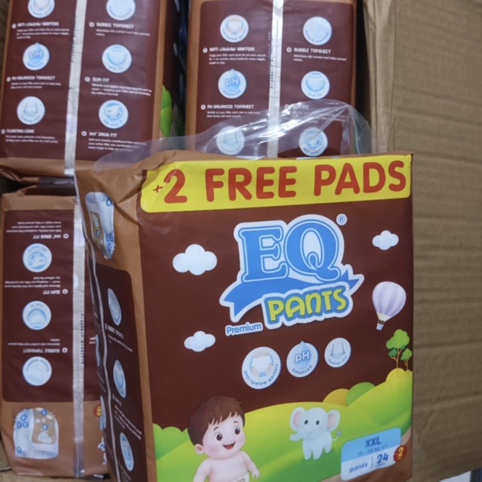 EQ Pants & EQ Dry Baby Diapers Assorted Sizes (Category: Diapers & Baby Wipes) located in Mandaluyong City. Submitted by galay09 (Listing ID 1466708889, Image 1). Description: - 100% brand new and unopened packs straight from the box - EQ Pants XXL: 24 pads + 2 free pads per pack - EQ Dry Tape Small (3-7 kg): 20 pads + 1 free pad per pack - Available for individual purchase or take all - Send a message for inquiries and orders.