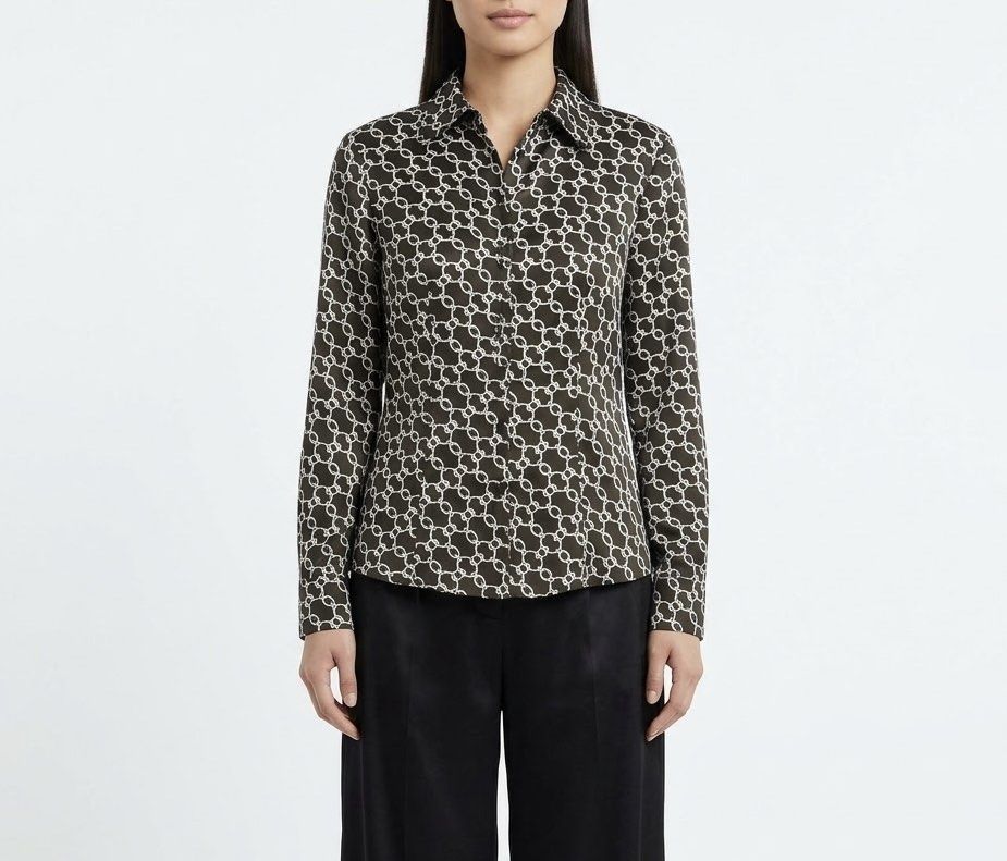 ESPRIT Brown Satin Effect Chains Printed Polo Longsleeve (Category: Shirts) located in Caloocan City. Submitted by declutteringph. (Listing ID 1466684313, Image 1). Description: Size UK14 on the tag! Measurements: Dimensions: (inches) Shoulder Width: 16” Bust Width: 19 1/2” Body Length: 25 1/2” Sleeves Length: 25”.