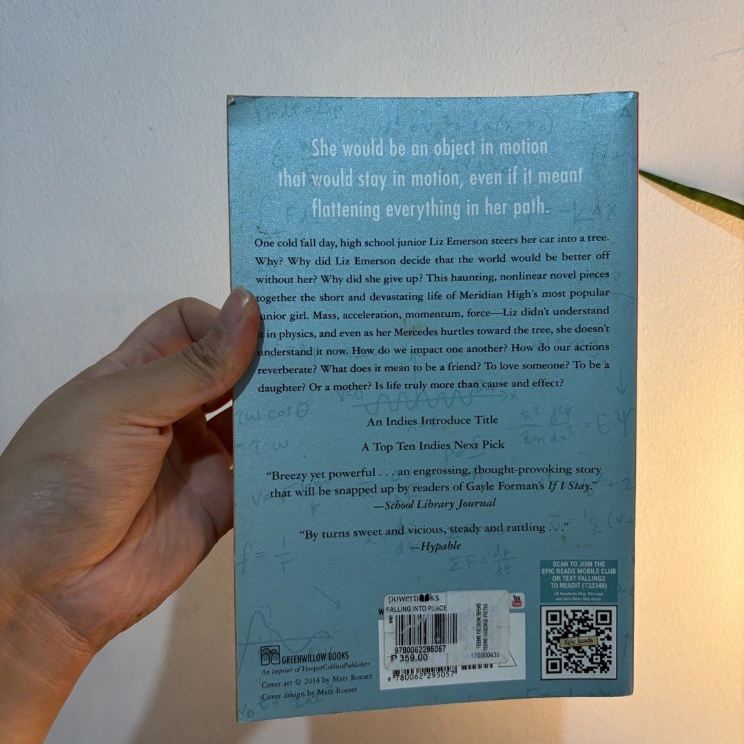 Falling into Place by Amy Zhang (Category: Storybooks) located in Manila. Submitted by ajdeclutter (Listing ID 1466590835, Image 3). Description: - Title: Falling into Place by Amy Zhang - Format: Paperback (Greenwillow Books) - Genre: YA contemporary fiction / emotional teen drama & mystery - Condition: Pages have tanning and foxing along the edges; minor shelf wear on cover - Structure: Spine is straight and binding is completely intact .