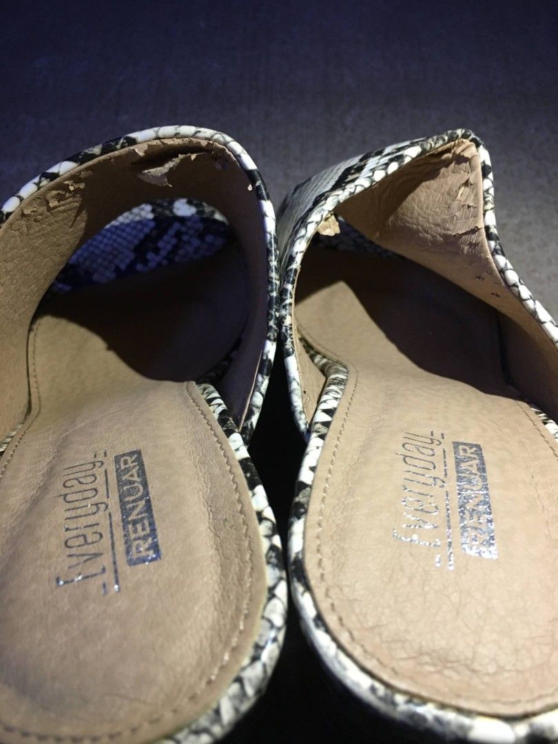 Faux Leather Snakeskin Mules Wedge Heels (Category: Sandals) located in Quezon City. Submitted by lizzyslittleletgos (Listing ID 1466571583, Image 3). Description: ☆ RENUAR ☆ size 36-37 ☆ 3 inches heels ☆ has minor flaws inside the mules but barely noticeable, still in good condition..