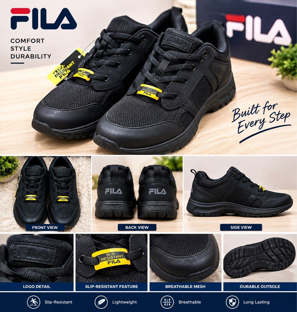 Fila Memory Foam Slip Resistant Black Shoes (Category: Sneakers) located in Binangonan. Submitted by cleverriver_22ff35 (Listing ID 1466710634, Image 1). Description: NEW ARRIVAL ❗️ Fila Memory Foam Slip Resistant Black ShoesAbout this item Condition New without box.This item is brand new and has never been used. It still has the original tags and/or original packaging. See all item conditions Quantity: 1 available Occasion: Workwear Color: Black