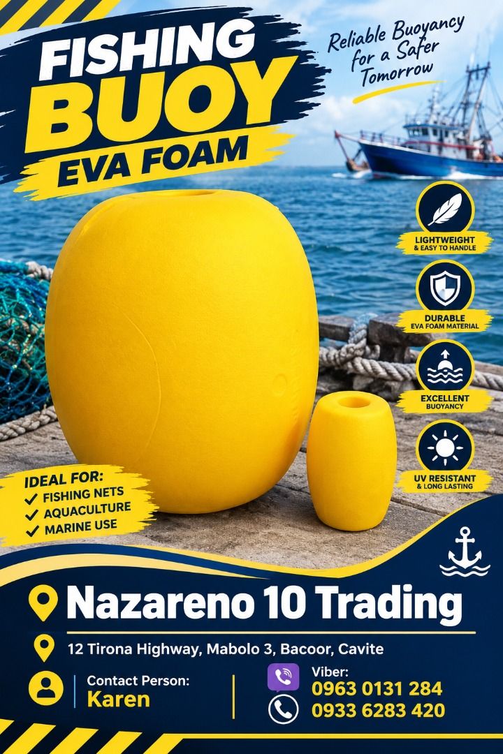 Fishing Buoy Eva Foam (Category: Looking For) located in Bacoor. Submitted by kajezame.2021 (Listing ID 1466613936, Image 1). Description: Fishing Buoy Eva Foam For More Details and Discount Contact Ms. Karen NAZARENO 10 TRADING 0963 0131 284 0933 6283 420 0956 7028 557 0933 8559 510 Landline: Look for Ms. Karen (046 ) 416 3920 Also available: • Traffic cone • Parking Block stopper • Hooded trash bin • Road Plastic Barrier • Spill boom • Fishing 