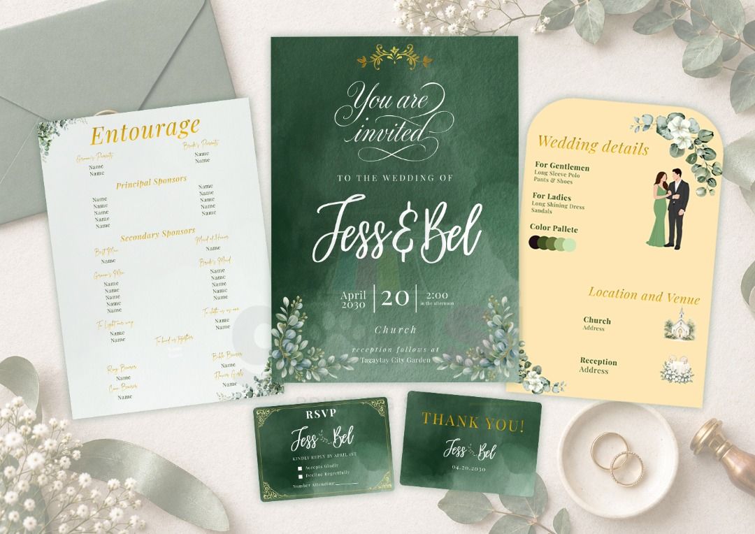 Floral and Minimalist Wedding E-Invitation (Editable in Canva) (Category: Art & Prints) located in Caloocan City. Submitted by gonsiprintingph (Listing ID 1466579150, Image 2). Description: - Custom watercolor wedding invitation suites - Includes main invite, entourage list, details card, RSVP, and thank you card - Available in blue, green, pink, and sage colorways - Beautiful floral and ribbon design details - Fully customizable with your names,
