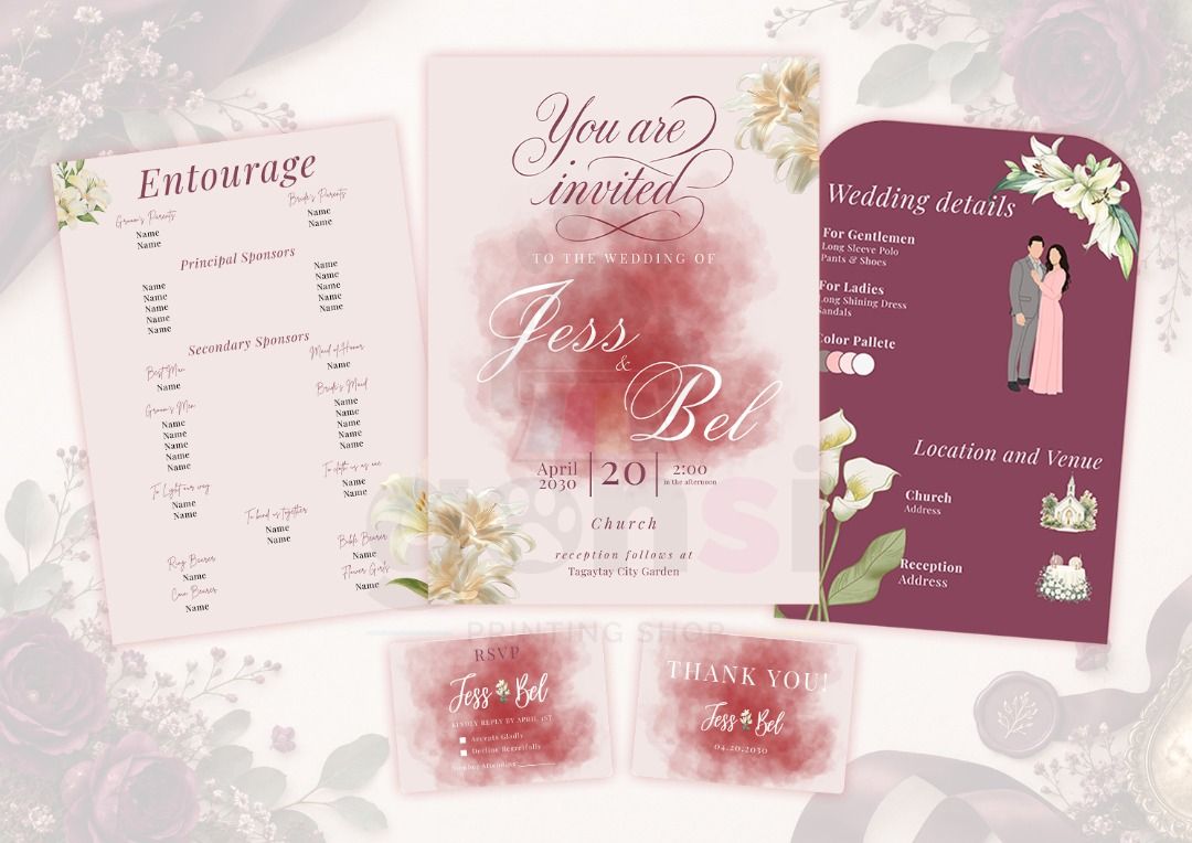 Floral and Minimalist Wedding E-Invitation (Editable in Canva) (Category: Art & Prints) located in Caloocan City. Submitted by gonsiprintingph (Listing ID 1466579150, Image 3). Description: - Custom watercolor wedding invitation suites - Includes main invite, entourage list, details card, RSVP, and thank you card - Available in blue, green, pink, and sage colorways - Beautiful floral and ribbon design details - Fully customizable with your names,