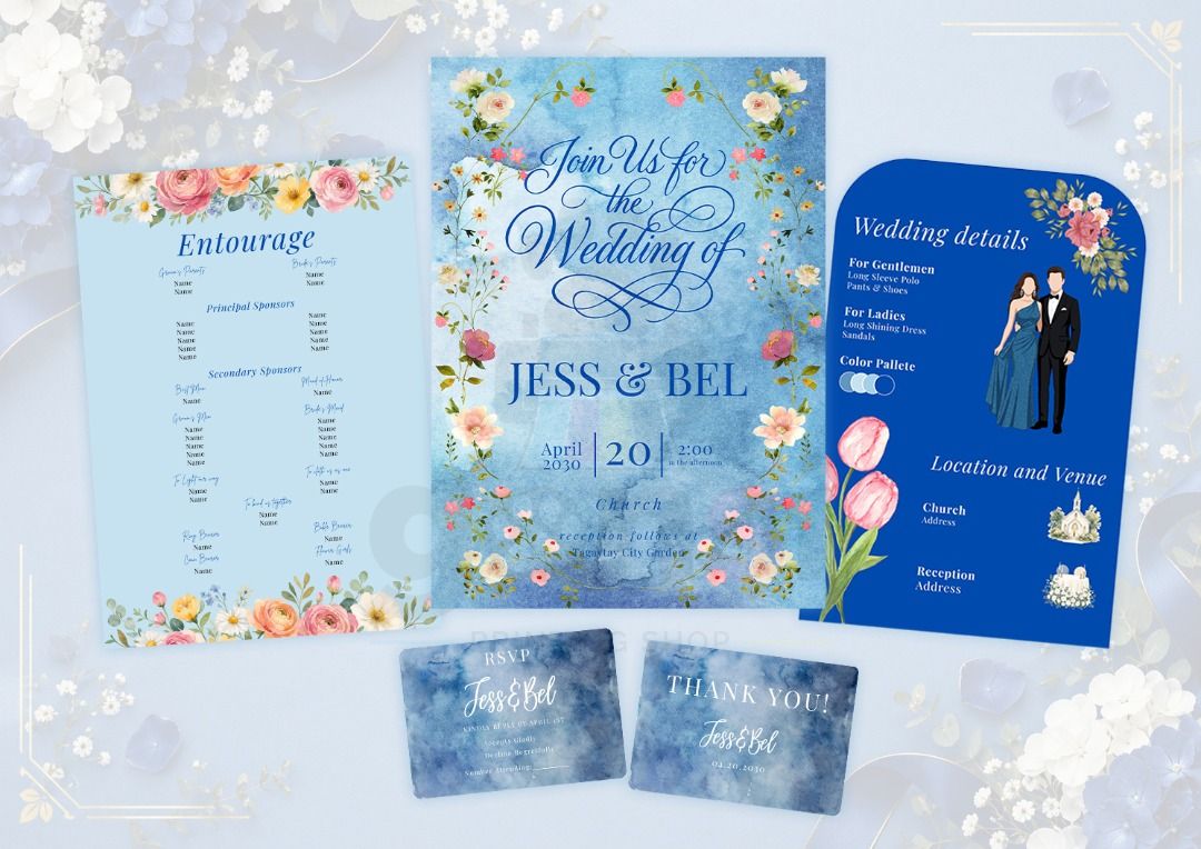 Floral and Minimalist Wedding E-Invitation (Editable in Canva) (Category: Art & Prints) located in Caloocan City. Submitted by gonsiprintingph (Listing ID 1466579150, Image 1). Description: - Custom watercolor wedding invitation suites - Includes main invite, entourage list, details card, RSVP, and thank you card - Available in blue, green, pink, and sage colorways - Beautiful floral and ribbon design details - Fully customizable with your names,