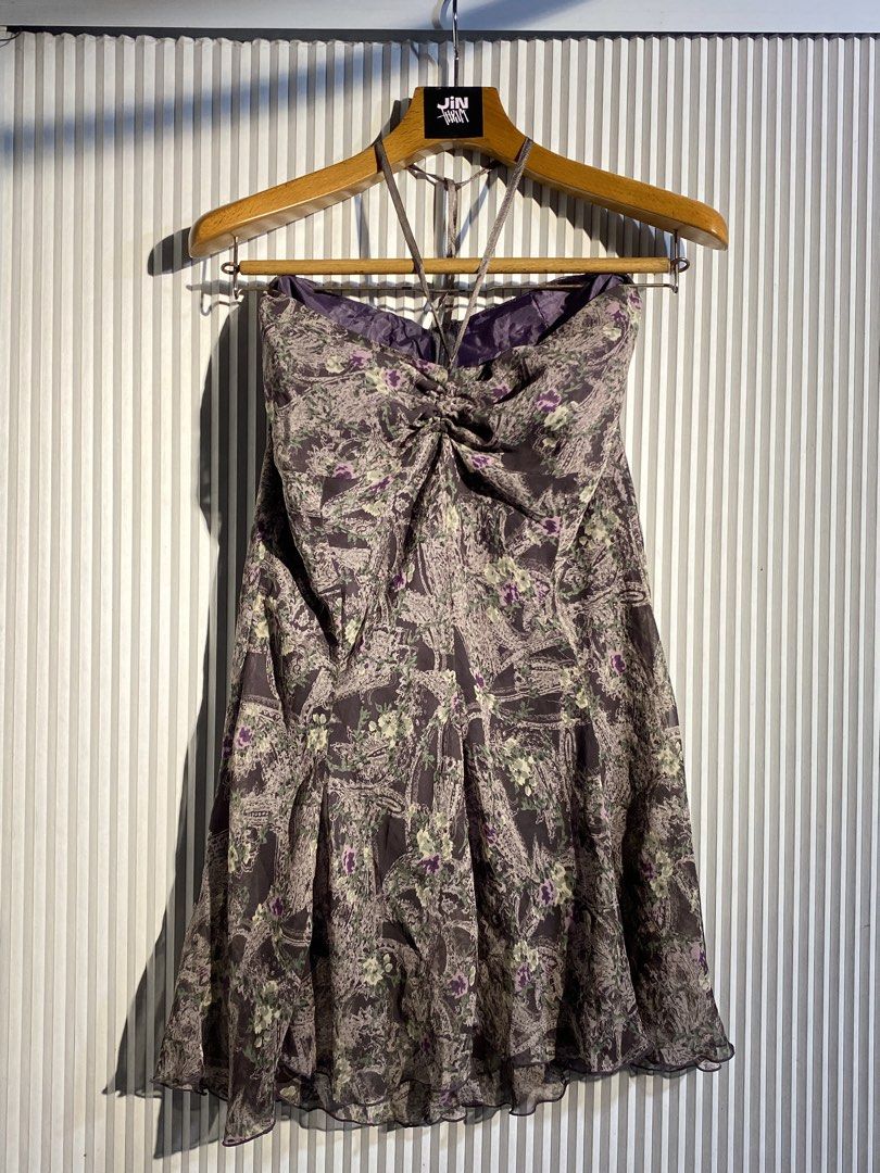 Floral Self-tie Halter Mini Dress (Category: Dresses) located in Bocaue. Submitted by jintanthrift (Listing ID 1466768978, Image 1). Description: Can also be worn as a skirt i think (see second pic) XS-S Lined Brand: Reformation Flaw: runs, but barely noticeable First to pay . . . y2k, fairycore .