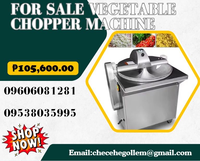 for sale Vegetable chopper machine (Category: Everything Else Others) located in Caloocan City. Submitted by francineja42756 (Listing ID 1466583366, Image 1). Description: ●Model:BK-VS300 ●Production:300kg/h ●Voltage:220V/50HZ ●Power:1.5kw ●Machinery Weight:130kg ●Dimension:775*715*950mm .