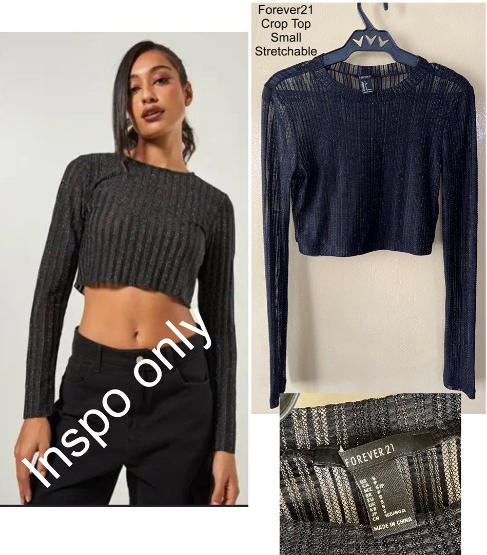 Forever 21 Black Shimmer Mesh Crop Top (Category: Sleeveless) located in Cebu City. Submitted by purgemycloset (Listing ID 1466636047, Image 1). Description: - Brand: Forever 21 - Color: Black with silver shimmer - Size: Small (Tag: 160/84A) - Material: Sheer, highly stretchable ribbed knit - Features: Long sleeves, round neckline, cropped fit - Style: Great for layering or night out looks.