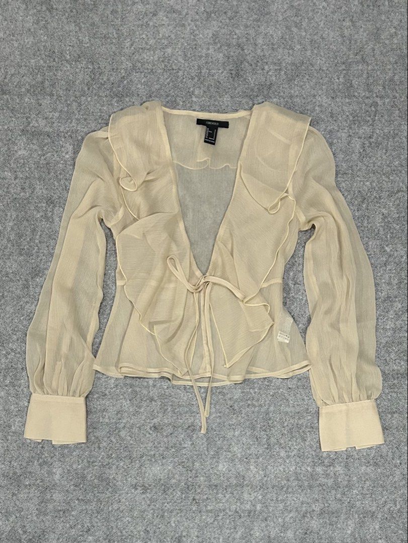 Forever 21 Whimsy Flowy Sheer Blouse (Category: Blouses) located in Balanga. Submitted by shenanigansph (Listing ID 1466568958, Image 1). Description: size: small to medium condition: 10/10 flaws: n/a rfs: decluttering 𝘊𝘖𝘓𝘖𝘙 𝘔𝘈𝘠 𝘝𝘈𝘙𝘠 𝘚𝘓𝘐𝘎𝘏𝘛𝘓𝘠 𝘋𝘜𝘌 𝘛𝘖 𝘓𝘐𝘎𝘏𝘛𝘐𝘕𝘎 🪩.