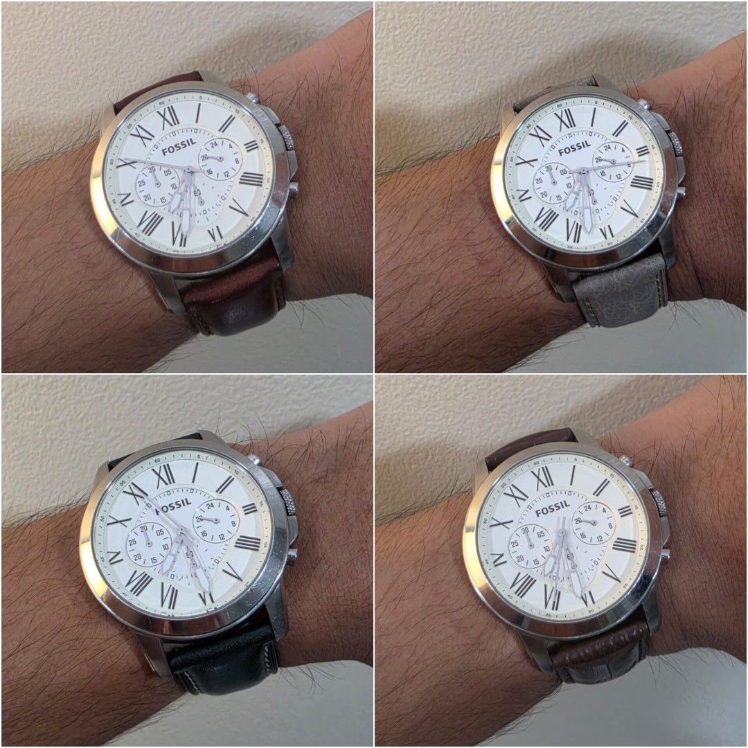 Fossil Grant Chronograph Watch FS4735 with Four Straps (Category: Men's Watches) located in Makati City. Submitted by avinashgan82578 (Listing ID 1466693776, Image 2). Description: - Watch: Fossil Grant Chronograph (FS4735). Rare! Bought at 13k if I recall right - Dial: White with classic Roman numerals and 3 subdials, very dynamic piece can be worn casual to semi-formal - Case: All stainless steel, no indented scratches, scuff mark only at the c