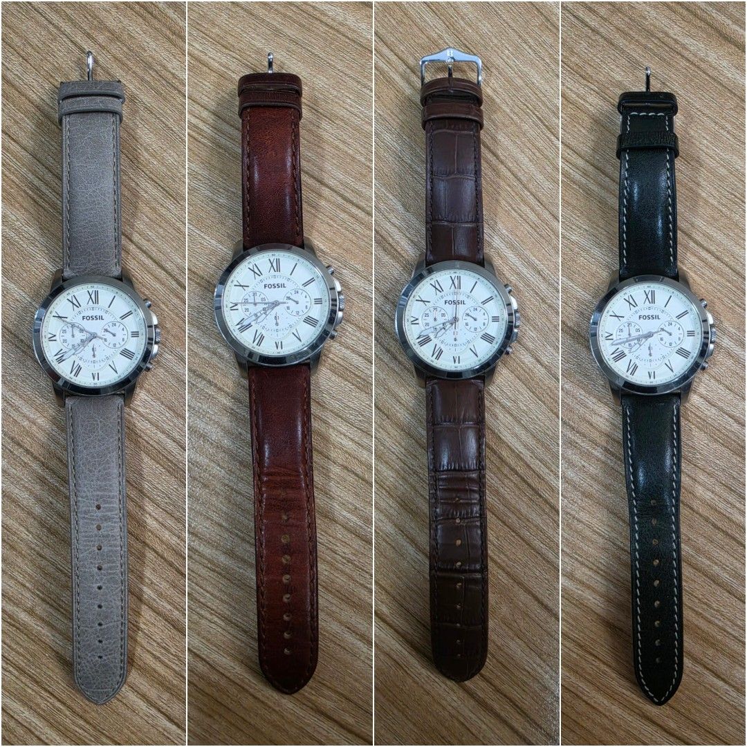 Fossil Grant Chronograph Watch FS4735 with Four Straps (Category: Men's Watches) located in Makati City. Submitted by avinashgan82578 (Listing ID 1466693776, Image 1). Description: - Watch: Fossil Grant Chronograph (FS4735). Rare! Bought at 13k if I recall right - Dial: White with classic Roman numerals and 3 subdials, very dynamic piece can be worn casual to semi-formal - Case: All stainless steel, no indented scratches, scuff mark only at the c
