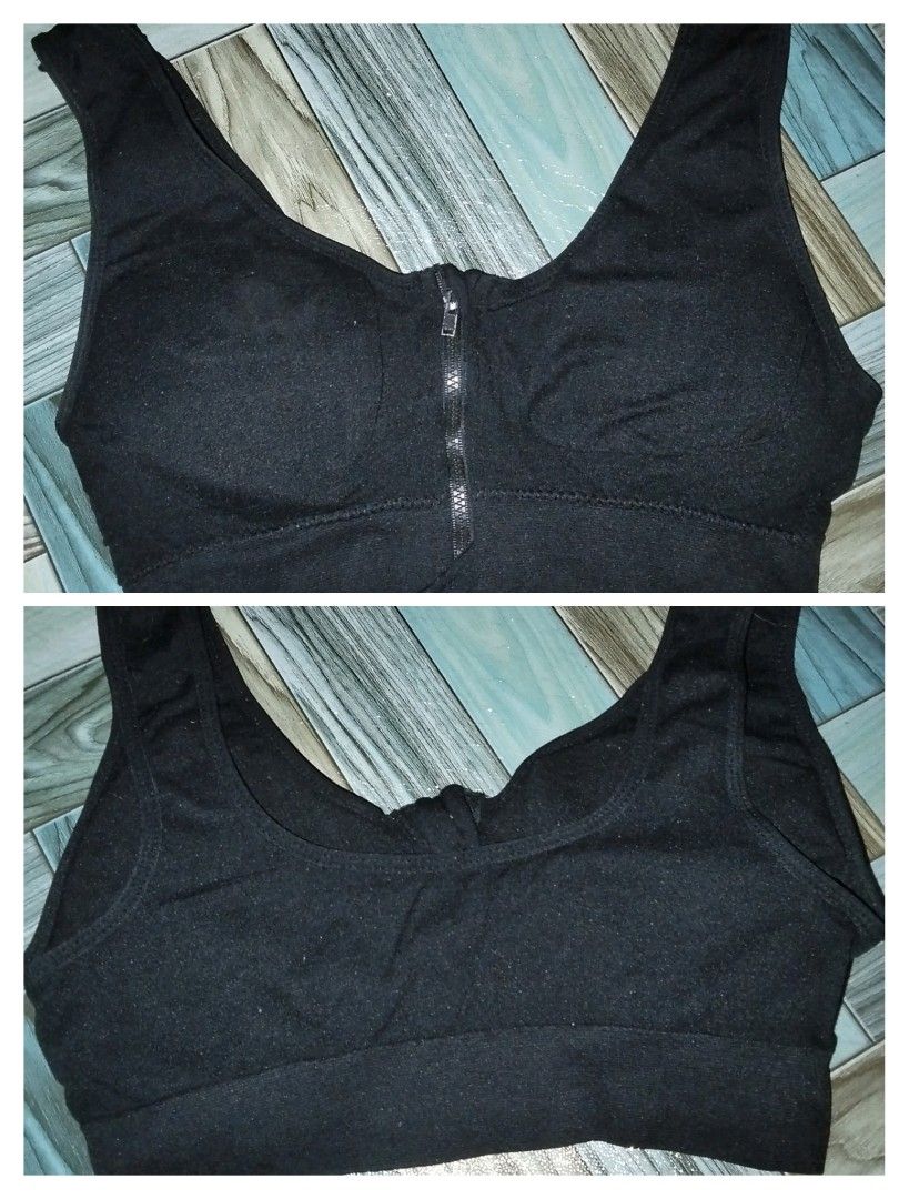 Front-zip Sports Bra (Category: Activewear) located in Caloocan City. Submitted by thriftjz (Listing ID 1466684188, Image 1). Description: small-semi medium black to change bra pads loc: South Caloocan :yoga, jogging, hiking, running, walking, bralette, padded.
