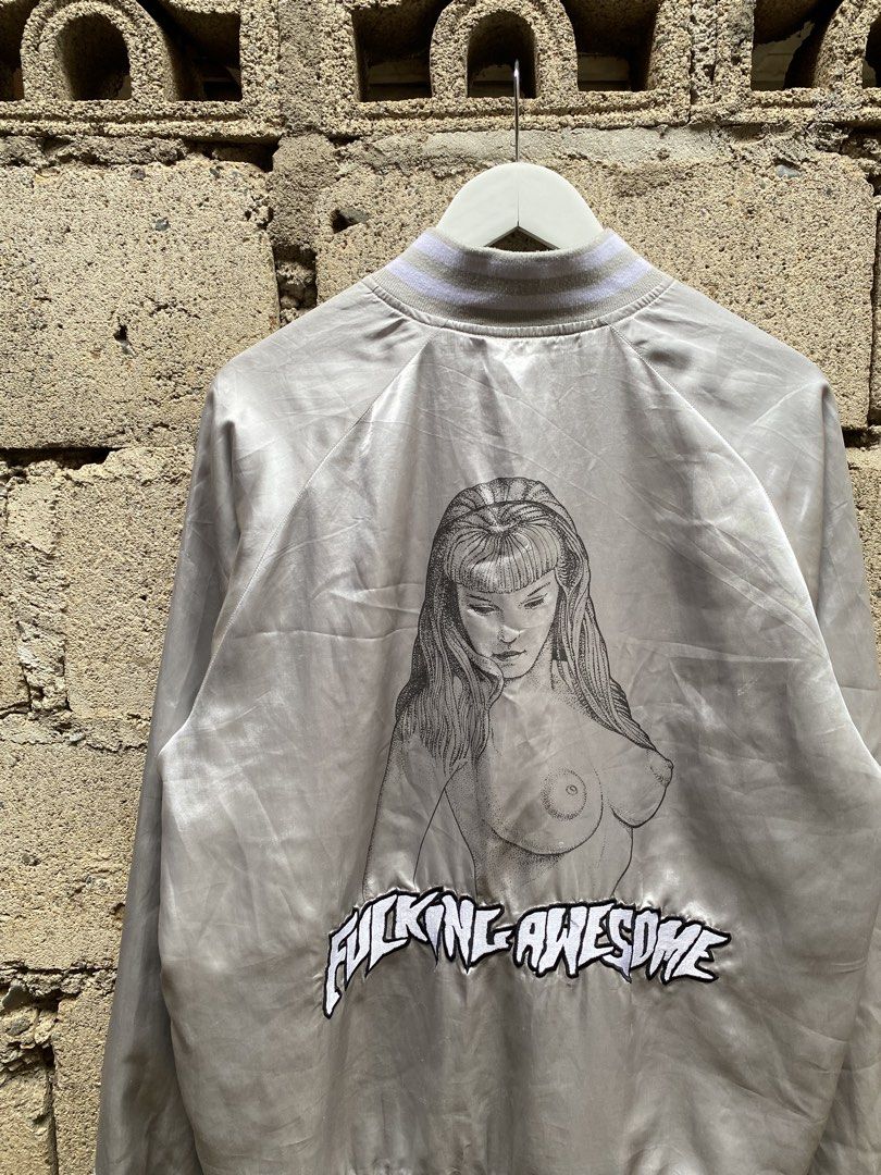 Fucking Awesome - Silver Grey Satin Jacket (Category: Coats, Jackets and Outerwear) located in Puerto Princesa. Submitted by something___. (Listing ID 1466653429, Image 2). Description: Fucking Awesome - Silver Grey Satin Jacket Tagged Size: XL Dimensions Length: 28.5 Width: 23.5 Condition: Excellent Color rate: 9 Flaws: Signs of usage, Stain.