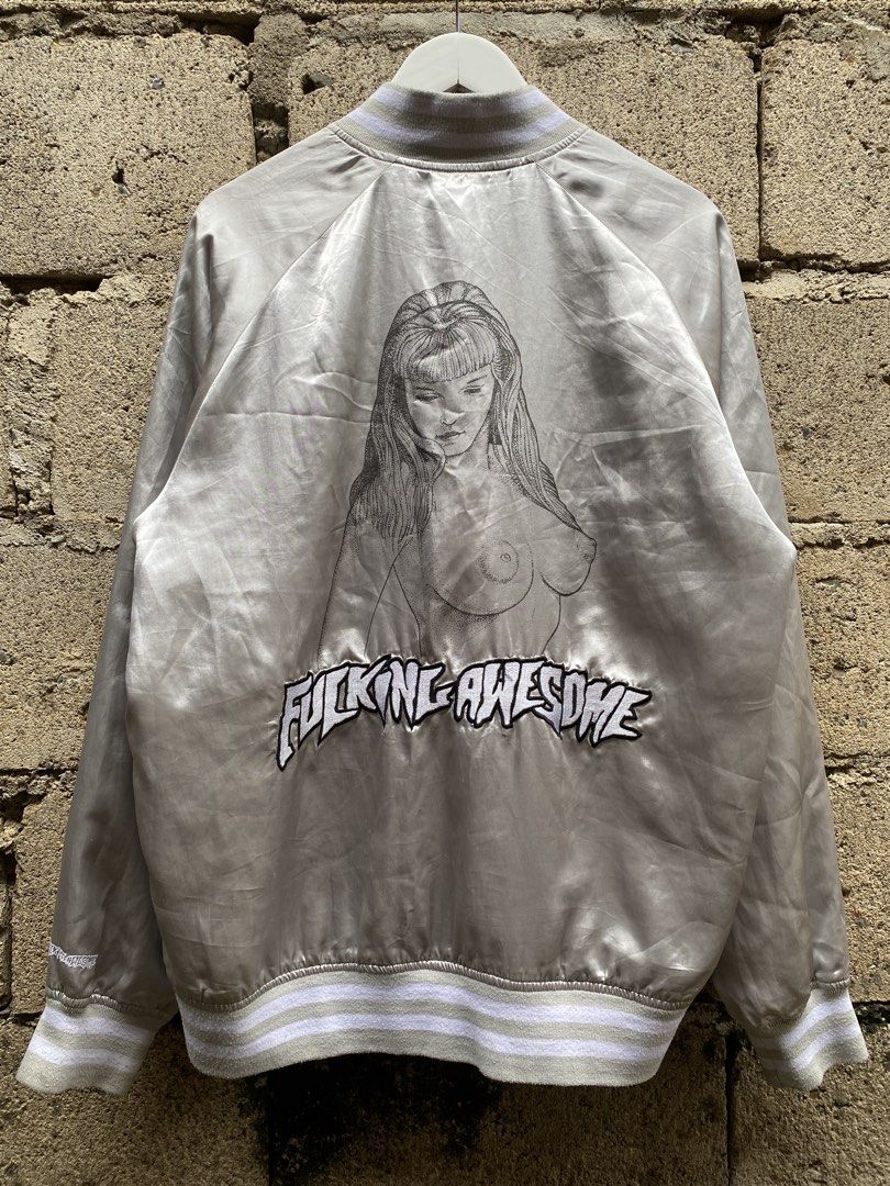Fucking Awesome - Silver Grey Satin Jacket (Category: Coats, Jackets and Outerwear) located in Puerto Princesa. Submitted by something___. (Listing ID 1466653429, Image 1). Description: Fucking Awesome - Silver Grey Satin Jacket Tagged Size: XL Dimensions Length: 28.5 Width: 23.5 Condition: Excellent Color rate: 9 Flaws: Signs of usage, Stain.