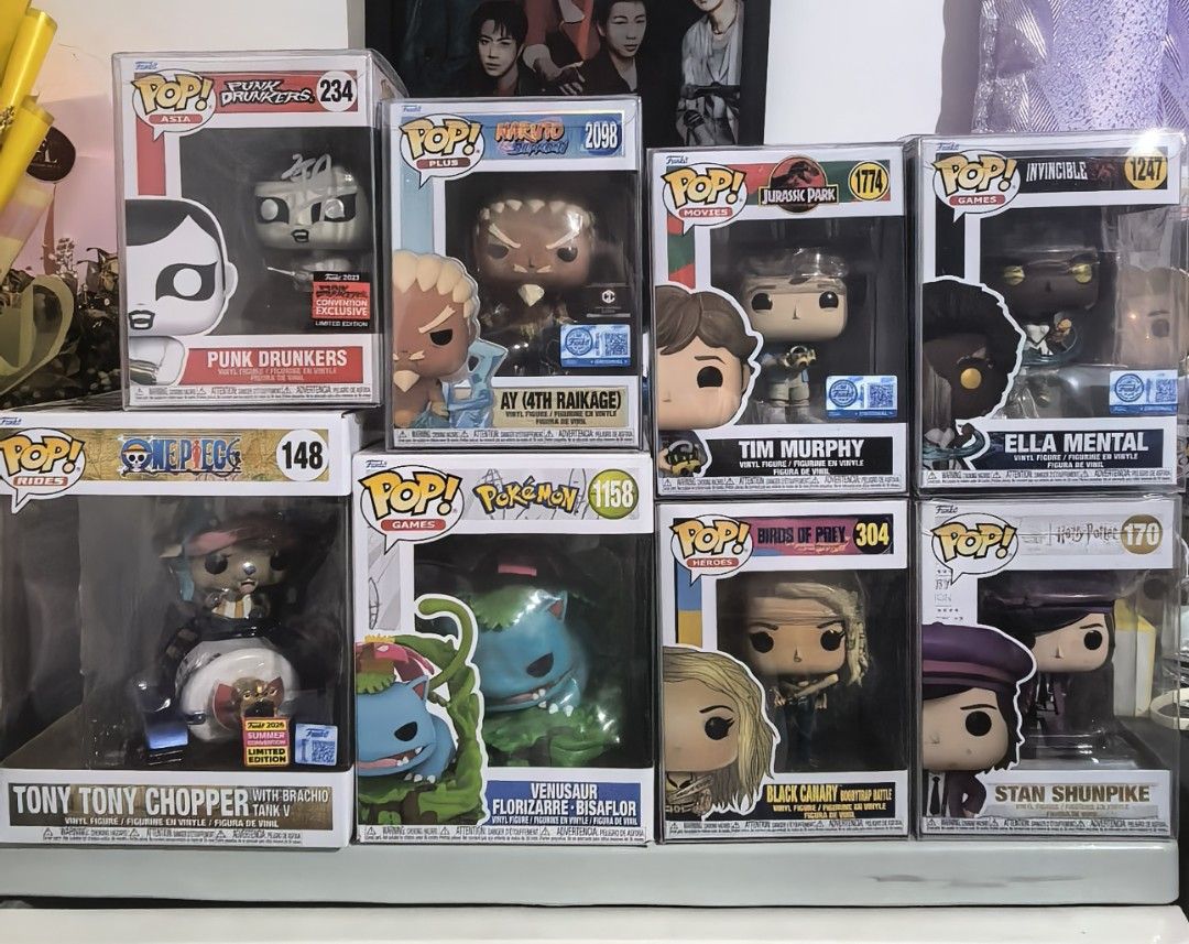 Funko Pop Lot (Category: Designer & Blind Box Toys) located in Las Pinas. Submitted by goldchrome25 (Listing ID 1466715109, Image 1). Description: Lot Sale! #1247 Ella Mental (SE) #2098 Ay 4th Raikage (CC & SE) #1774 Tim Murphy (SE) #234 Punk Drunker (PDE Signed) #304 Black Canary #170 Stan Shunpike #1158 Venusaur #148 Tony Tony Chopper P5,500.00 only MOP: Gcash, BDO or BPI MOD: LBC or Lalamove.