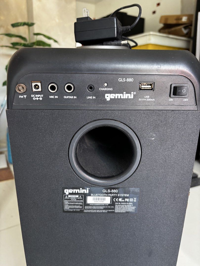 Gemini GLS-880 Bluetooth Party Speaker (Category: Soundbars, Speakers & Amplifiers) located in Cavite. Submitted by blackandred (Listing ID 1466744958, Image 2). Description: Gemini GLS-880 Bluetooth party speaker packing 1000W peak power with dual 8-inch woofers. Includes dynamic RGB lighting, 16-hour battery life, karaoke inputs, mic in, guitar in, line in, FM radio antenna, and USB port. Power adapter included. Great sound for indoor and outdo