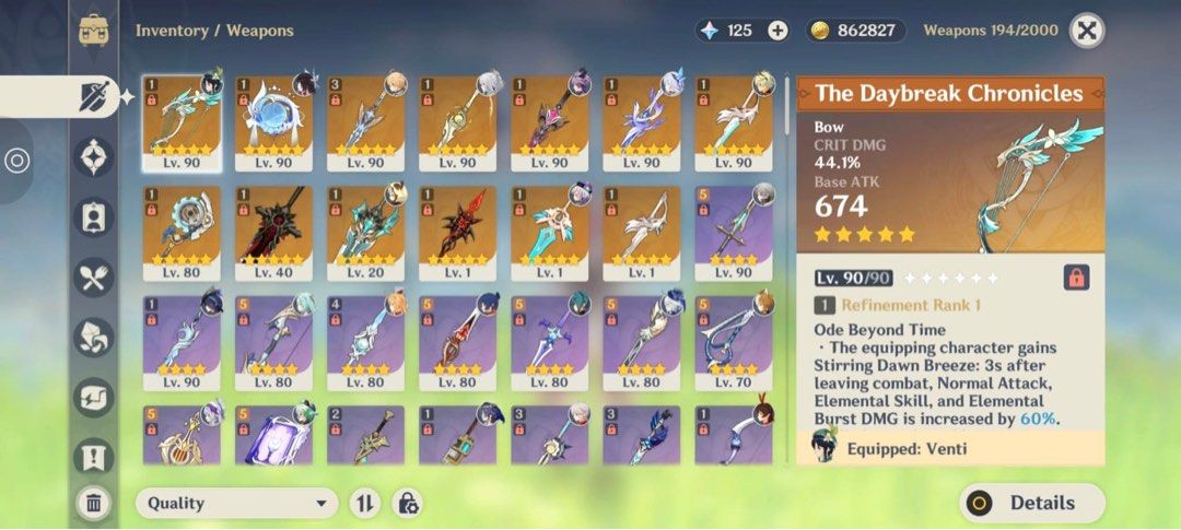 Genshin Account for sale (Category: In-Game Products) located in Paranaque City. Submitted by merlin2099 (Listing ID 1466679170, Image 2). Description: Has zibai prem team Has skirk semi-prem team Has venti hex team 100% Exploration Plenty of limited weapons Will surrender email.