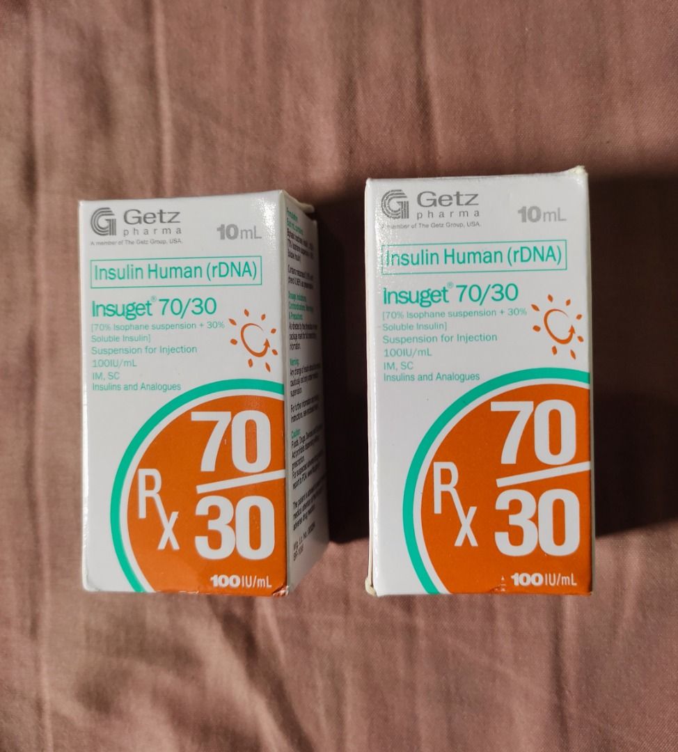 Getz Pharma Insunget 70/30 Insulin Human 10mL (2 Boxes) (Category: Medical Supplies & Tools) located in Manila. Submitted by chubielog (Listing ID 1466573635, Image 1). Description: - Brand: Getz Pharma Insunget 70/30 - Quantity: 2 boxes (10mL per vial) - Strength: 100IU/mL - Formulation: 70% isophane suspension + 30% soluble insulin - Administration: Intramuscular or subcutaneous use - Condition: Brand new, unopened, standard manufacturer packag