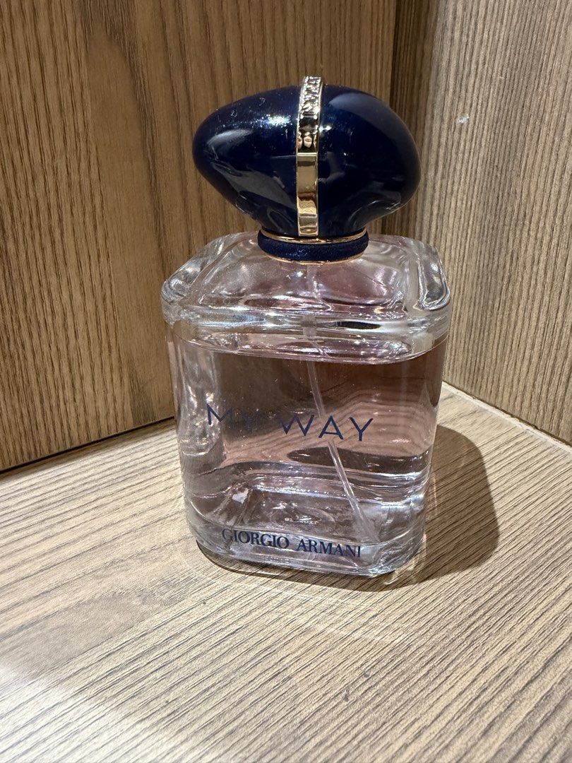 Giorgio Armani My Way Eau de Parfum (Category: Fragrance & Deodorants) located in Mandaluyong City. Submitted by clawset (Listing ID 1466705445, Image 1). Description: - Authentic Giorgio Armani My Way designer fragrance - Stunning blue and gold cap with a clear glass bottle - Beautiful pink perfume liquid, volume level sits just below the shoulder - Batch code clearly printed on the bottom surface - Perfect for daily wear or gifting.
