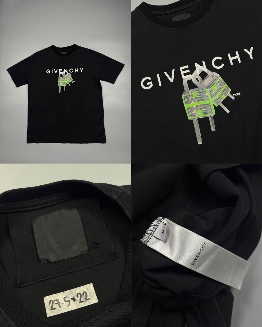 Givenchy padlock graphic black t-shirt size M (Category: Tshirts & Polo Shirts ) located in Baguio. Submitted by stockedclothing047 (Listing ID 1466575529, Image 1). Description: GIVENCHY SHIRT (VGOOD - EXCELLENT CONDITION) SIZE: MEDIUM (27.5L X 22W) - Brand: Givenchy - Color: Black with neon green padlock graphic - Size: M (tag attached) - Material: Heavyweight cotton (holds shape well) - Design: Crew neck, short sleeves - Condition: Clean, mini