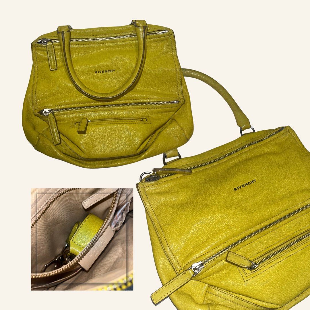 Givenchy Yellow Pandora Shoulder Bag (Category: Luxury Bags & Wallets) located in Manila. Submitted by fromsoleil (Listing ID 1466688931, Image 1). Description: - Authentic Givenchy Pandora Bag - Interior: Beige fabric lining with zipper pocket and leather brand tag ‼️ - Negotiable Price - Needs cleaning only.