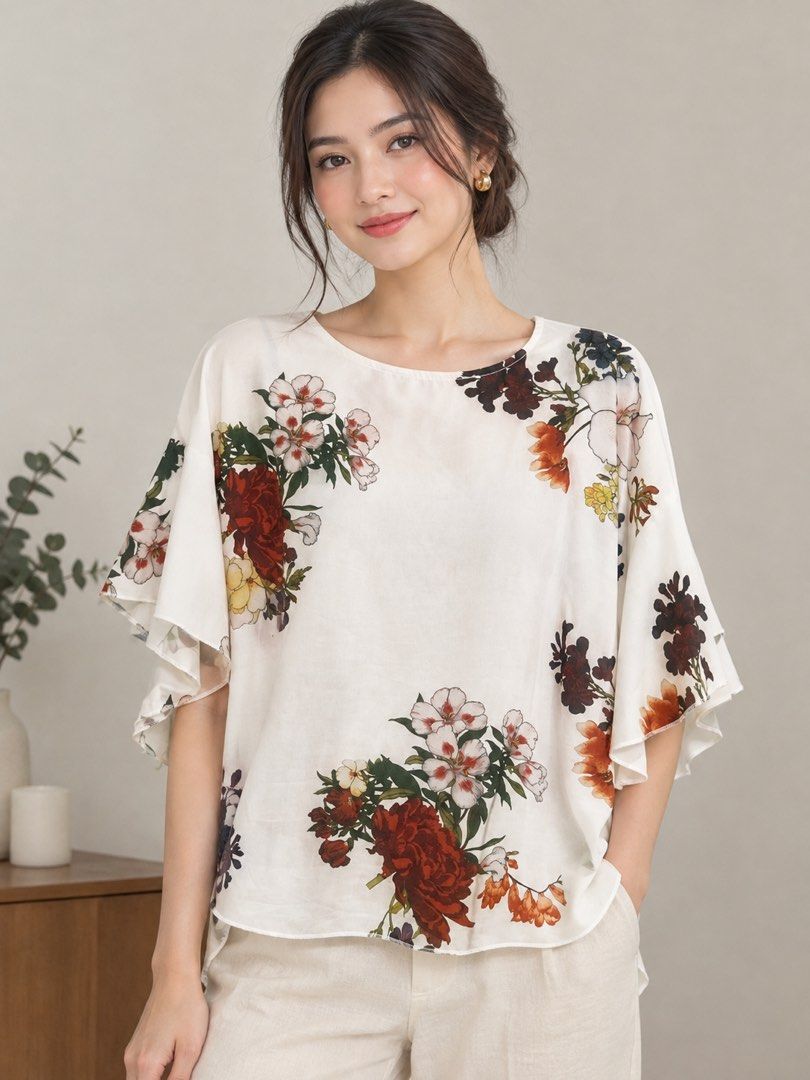 Floral Print Flutter Sleeve Blouse (Category: Blouses) located in Quezon City. Submitted by onesourceph (Listing ID 1466769264, Image 1). Description: - Brand: Glamour Studio - Size: M-L - Design: White blouse with striking red and white floral print - Details: Round neckline and trendy layered flutter sleeves - Fit: Lightweight and relaxed for all-day comfort - Styling: Easy to match with casual trousers or skirts.