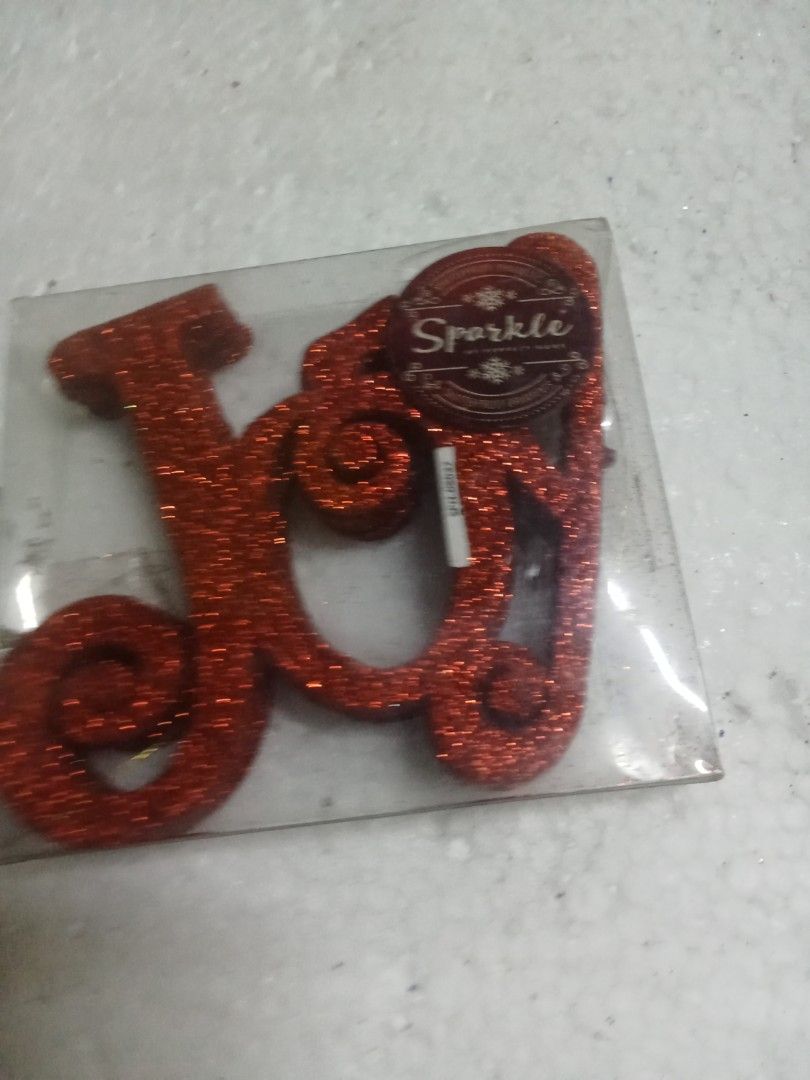 Glittered Red Ornaments (Category: Other Home Decor) located in Rizal. Submitted by ellengreen18 (Listing ID 1466669844, Image 3). Description: One set available "JOY" red color (3 pcs./pack) MOP: Gcash only Sf for buyer's account Deliver thru Lalamove,Grab or JNT.