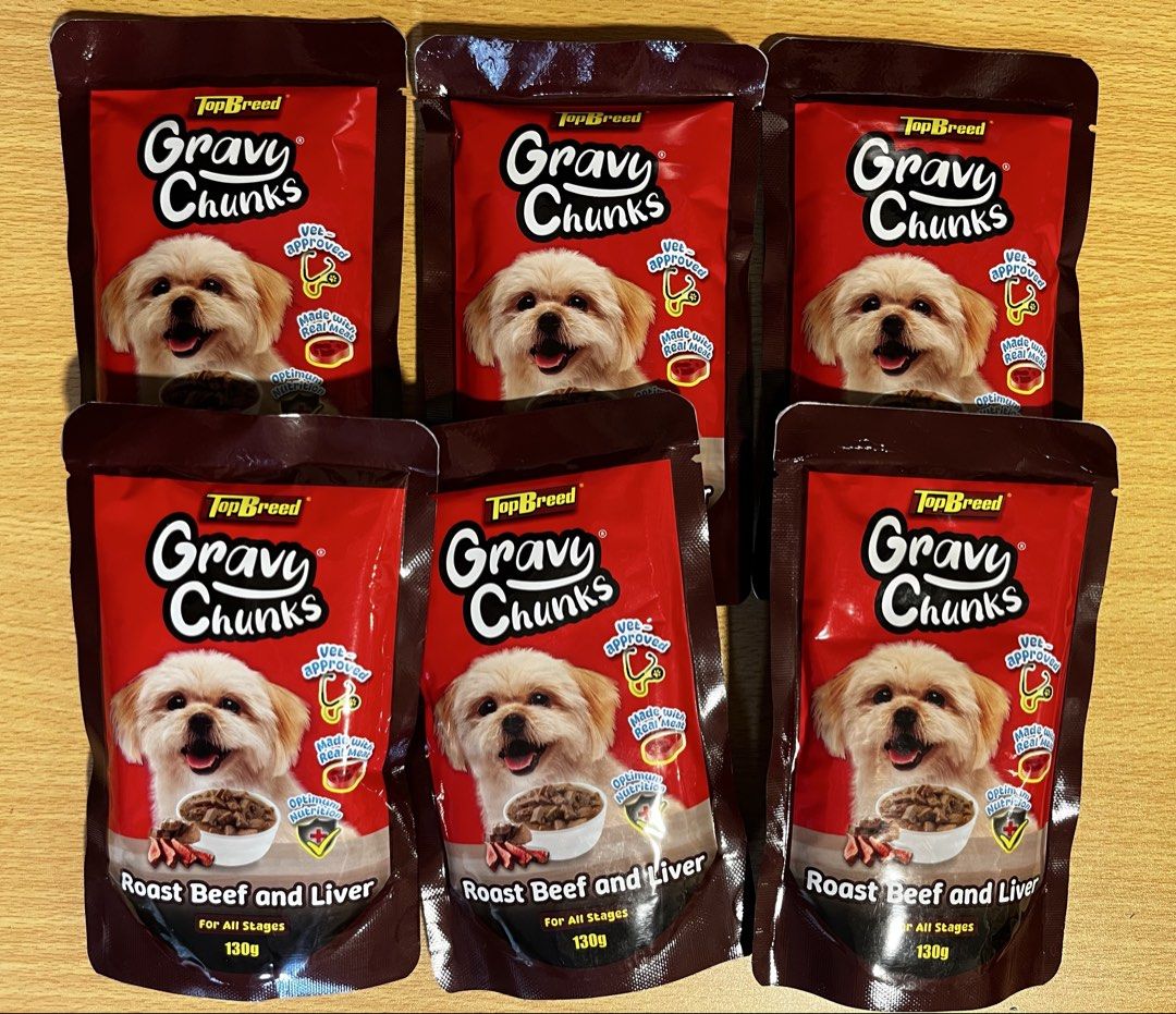 Gravy Chunks Roast Beef & Liver (Category: Pet Food) located in Makati City. Submitted by fraber_chie (Listing ID 1466723672, Image 1). Description: Php 150, bundle of 6‼️ 🐶Top Breed Gravy Chunks, 130g Roast Beef and Liver Expiry: June 2027 📍Loc: Poblacion, Makati.