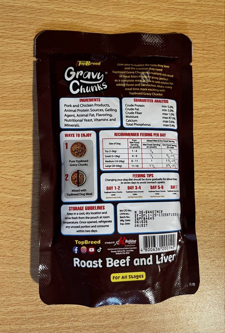 Gravy Chunks Roast Beef & Liver (Category: Pet Food) located in Makati City. Submitted by fraber_chie (Listing ID 1466723672, Image 3). Description: Php 150, bundle of 6‼️ 🐶Top Breed Gravy Chunks, 130g Roast Beef and Liver Expiry: June 2027 📍Loc: Poblacion, Makati.
