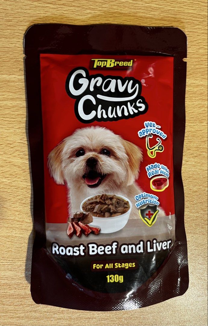 Gravy Chunks Roast Beef & Liver (Category: Pet Food) located in Makati City. Submitted by fraber_chie (Listing ID 1466723672, Image 2). Description: Php 150, bundle of 6‼️ 🐶Top Breed Gravy Chunks, 130g Roast Beef and Liver Expiry: June 2027 📍Loc: Poblacion, Makati.