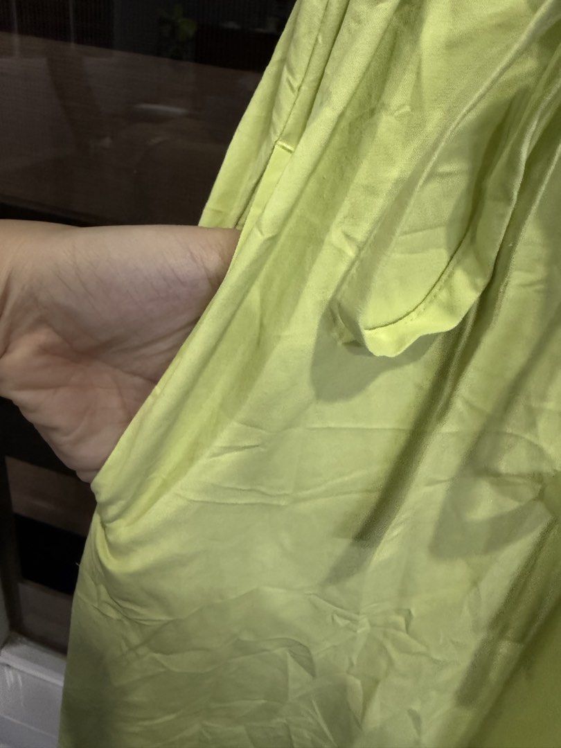 GU Lime Green Button-Up Midi Dress Size S (Category: Dresses) located in Manila. Submitted by kristinata44809 (Listing ID 1466582997, Image 3). Description: - Brand/Model: GU midi dress - Size: Small - Color: Vibrant lime green - Material: 100% polyester - Features: Short sleeves, high neckline, front button closure, and matching tie belt - Bonus: Practical side pockets - Styling: Great for casual days out, errands, or pairing with sandals and sn