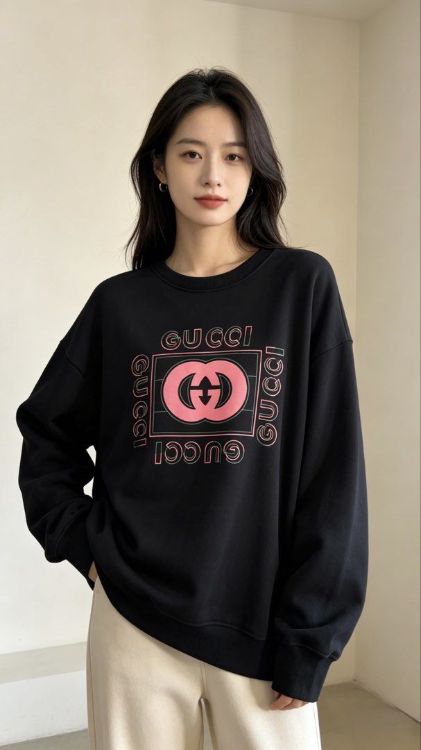 Gucci Black Sweatshirt with Pink Logo (Category: Coats, Jackets and Outerwear) located in Paranaque City. Submitted by preluxeshop_ph (Listing ID 1466765939, Image 1). Description: Gucci Black Sweatshirt with Pink Logo -Features iconic pink Gucci logo on front -Condition: 9.8/10 -Dimes: Length: 26” Width: 23”.