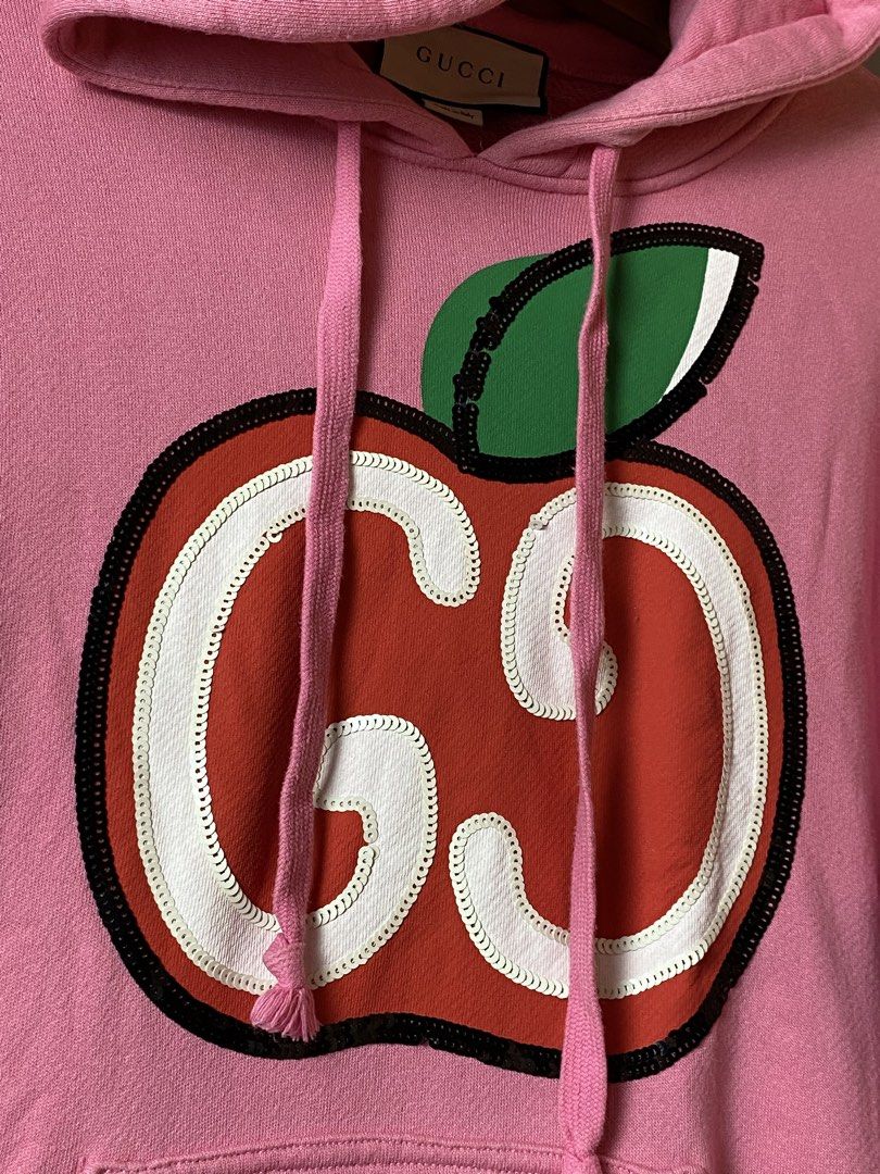 GUCCI GG Apple Print hooded Jacket (Category: Coats, Jackets and Outerwear) located in Quezon City. Submitted by loloyz123 (Listing ID 1466710527, Image 2). Description: GUCCI GG Apple Print hooded Jacket Condition: Very good Color rate: 9.8/10 Color: Pink Size: Medium L: 26 W: 23 inches .