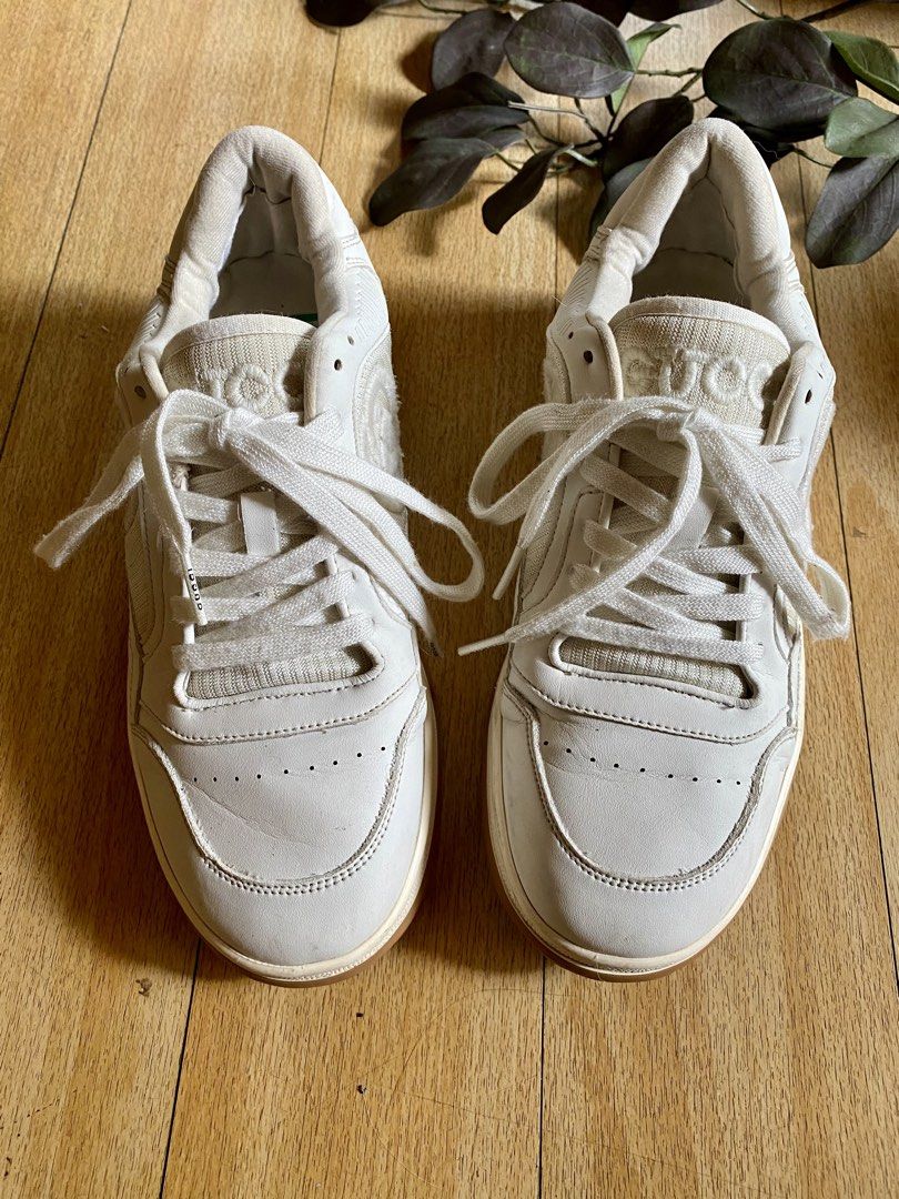 Gucci Mac80 White Canvas Leather Sneakers (Category: Sneakers) located in Baguio. Submitted by vintagefox (Listing ID 1466615947, Image 3). Description: - Gucci Mac80 sneakers - Material: White leather and canvas - Features: Interlocking G logo embroider and textured gum rubber sole - Origin: Made in Italy - Condition: Gently used with normal wear on soles and uppers - Interior: Very clean with signature green Gucci insoles - Perfect for elevatin