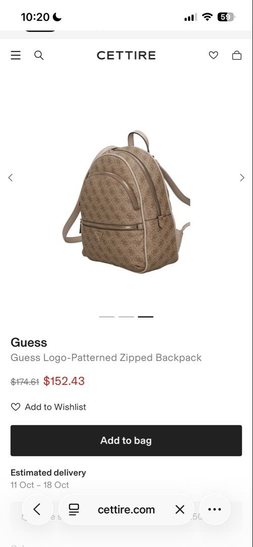 Guess Logo-Patterned Zipped Backpack (Category: Backpacks) located in Manila. Submitted by ann.b200 (Listing ID 1466754228, Image 1). Description: - Brown and tan all-over monogram design with chic cream trim - Multiple compartments with a convenient front zip pocket - Iconic metal triangle logo branding - Adjustable shoulder straps and sturdy top grab handle - Roomy interior, perfect for holding daily essentials.