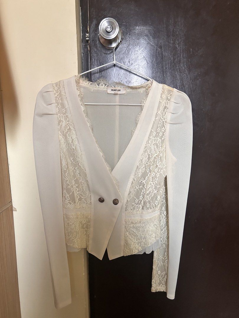 Helmut Lang Lace Panelled Cream Jacket Size S (Category: Coats, Jackets and Outerwear) located in General Mariano Alvarez. Submitted by mochiii_72 (Listing ID 1466606235, Image 3). Description: Helmut Lang cream blazer jacket in size S. Sheer chiffon fabric with delicate floral lace panels on the front and sleeves. Structured shoulders with pleated detailing. Deep V-neckline with unfinished lace trim. Double-breasted front closure with two button