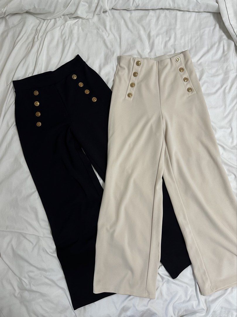H&M Button-Front Pants (Black & Beige) (Category: Other Bottoms) located in Marikina City. Submitted by thriftythreadsco (Listing ID 1466580662, Image 1). Description: Selling both for 1K only! Very pretty and perfect for petites/Asians. Size XS on tags but can fit a small too (since it’s a stretch fabric) No lints, just light discoloration on the gold buttons but not really noticeable as the button style is vintage. Beige one has a few light spo