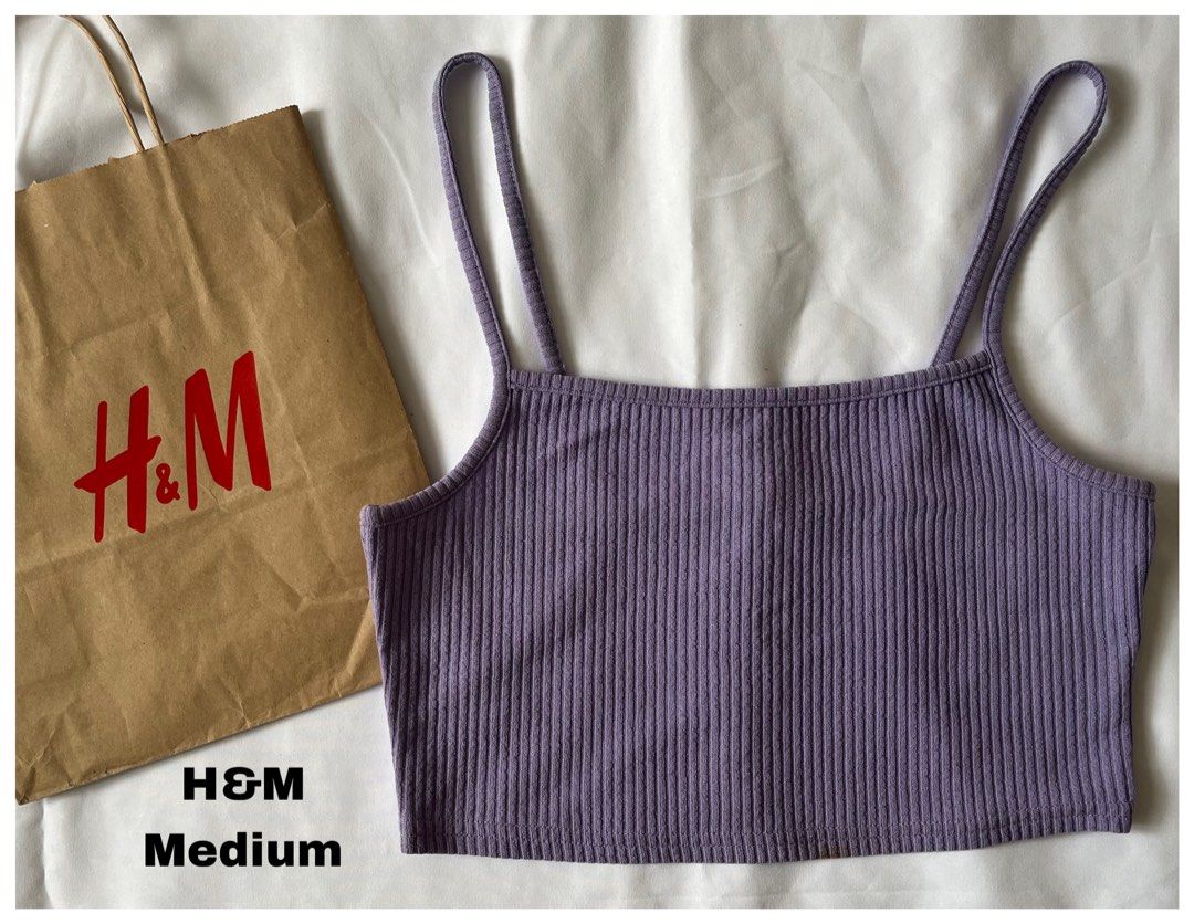 H&M Divided Purple Ribbed Crop Top Medium (Category: Sleeveless) located in Cebu City. Submitted by purgemycloset (Listing ID 1466636616, Image 1). Description: - Brand: H&M Divided - Style: Purple ribbed crop top with square neckline and thin double straps - Size: Medium (EUR M, US M, CN 170/96A) - Material: 95% polyester, 5% elastane (super stretchy and comfy) - Condition: Brand new with tags attached - Versatile basic piece, great for layering