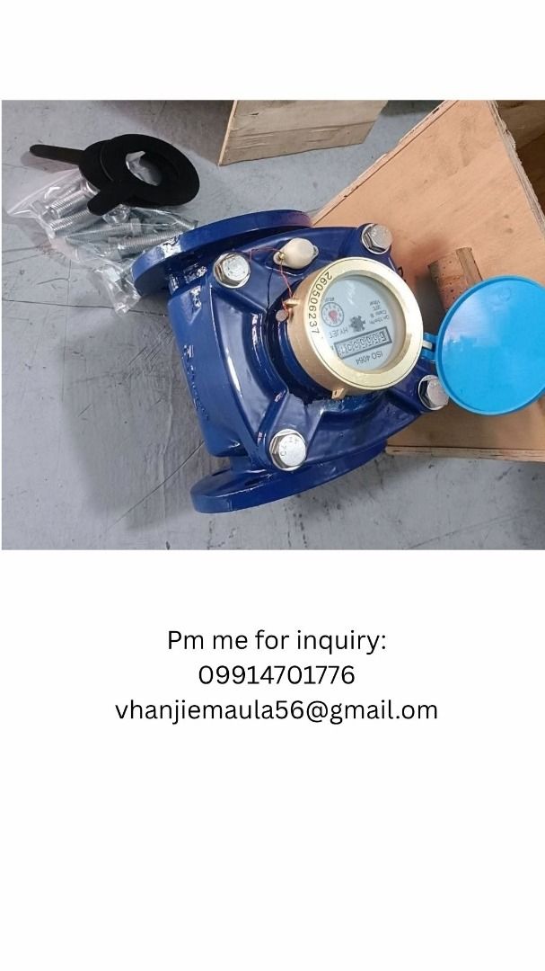 Hyjet Water Meter Flange Type with Accessories (Category: Construction Tools & Equipment) located in Manila. Submitted by althea.maula08 (Listing ID 1466632791, Image 3). Description: - Brand: Hyjet - Type: Flange type water meter with blue body and brass dial housing - Condition: Unused stock in original wooden crate packaging - Inclusions: Matching blue flanges (bubble-wrapped), rubber gaskets, and complete mounting bolts and nuts.