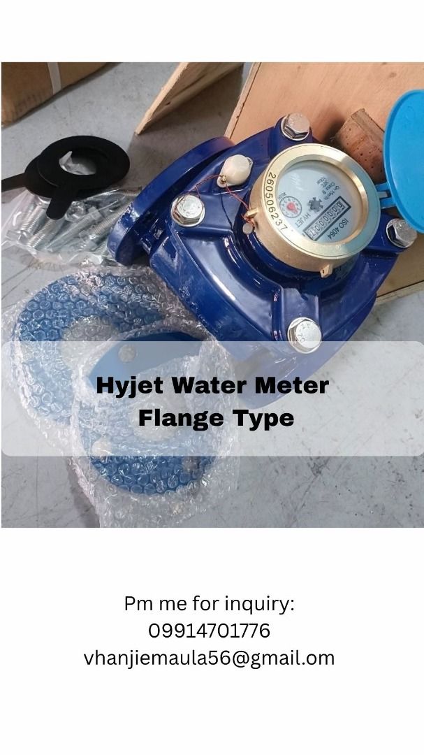 Hyjet Water Meter Flange Type with Accessories (Category: Construction Tools & Equipment) located in Manila. Submitted by althea.maula08 (Listing ID 1466632791, Image 1). Description: - Brand: Hyjet - Type: Flange type water meter with blue body and brass dial housing - Condition: Unused stock in original wooden crate packaging - Inclusions: Matching blue flanges (bubble-wrapped), rubber gaskets, and complete mounting bolts and nuts.