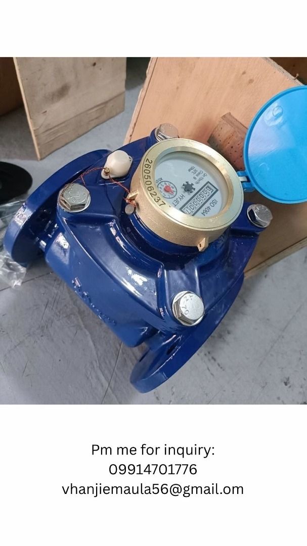 Hyjet Water Meter Flange Type with Accessories (Category: Construction Tools & Equipment) located in Manila. Submitted by althea.maula08 (Listing ID 1466632791, Image 2). Description: - Brand: Hyjet - Type: Flange type water meter with blue body and brass dial housing - Condition: Unused stock in original wooden crate packaging - Inclusions: Matching blue flanges (bubble-wrapped), rubber gaskets, and complete mounting bolts and nuts.