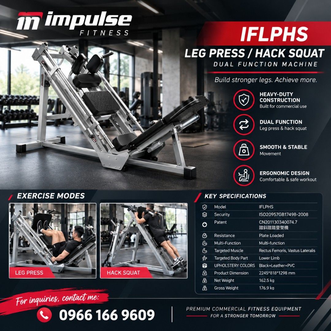 Impulse Fitness IFLPHS Leg Press / Hack Squat (Category: Cardio & Fitness Machines) located in Caloocan City. Submitted by fitness.source.ph (Listing ID 1466571063, Image 2). Description: Impulse Fitness dual function machine. Handles both leg press and hack squat exercises. Heavy-duty commercial build. Plate loaded system. Targets lower body muscles like rectus femoris and vastus lateralis. Black leather and PVC upholstery on silver steel frame.