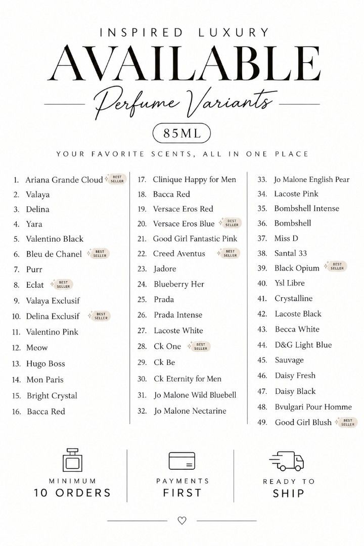Inspired Luxury Perfumes (Category: Fragrance & Deodorants) located in Marikina City. Submitted by tenjinktn (Listing ID 1466633216, Image 2). Description: For only ₱1,300 may 10 perfumes ka na! 85ML INSPIRED LUXURY PERFUMES ✨ Looking for affordable perfumes to add to your collection or start your own reselling business? 💎 Our 85ML Inspired Luxury Perfumes are now available! ✔️ Premium-inspired scents ✔️ Affordable reseller prices ✔️ Wholesale o