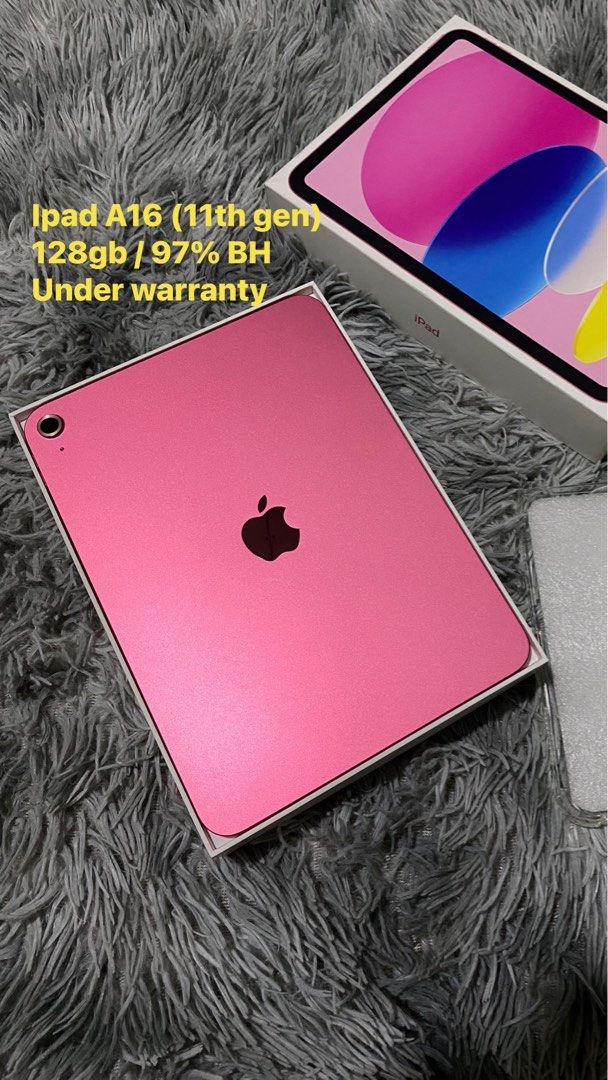 iPad A16 128gb (Category: iPad) located in Las Pinas. Submitted by riyuu_02 (Listing ID 1466616196, Image 1). Description: For Sale‼️ Ipad A16 128GB Pink color 97% Battery health 166 cycle count Under warranty til Dec All workings✅ No History of repair✅ No issue✅ Comes with box, charger and case price ₱23,500 meetup prefer / delivery via LBC.