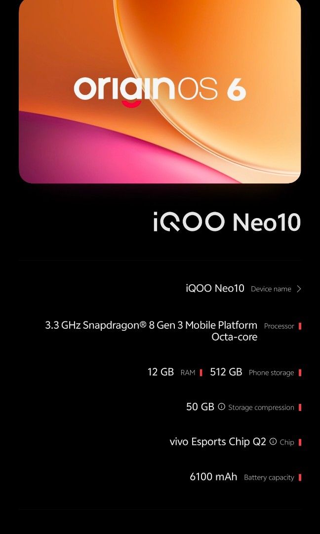iQOO Neo10 (12/512) Complete (Category: Vivo) located in Taguig. Submitted by ponchuwu (Listing ID 1466569797, Image 3). Description: For Sale / Swap – iQOO Neo 10 (Like New) Snapdragon 8 Gen 3 | 12GB + 512GB | Flagship Performance Selling my iQOO Neo 10 in excellent condition — no issues, used carefully and well-maintained. Key Specs: Processor: Snapdragon 8 Gen 3 (smooth gaming, multitasking, future-proof) RAM/Storage: 12GB + 512GB Display: Vib