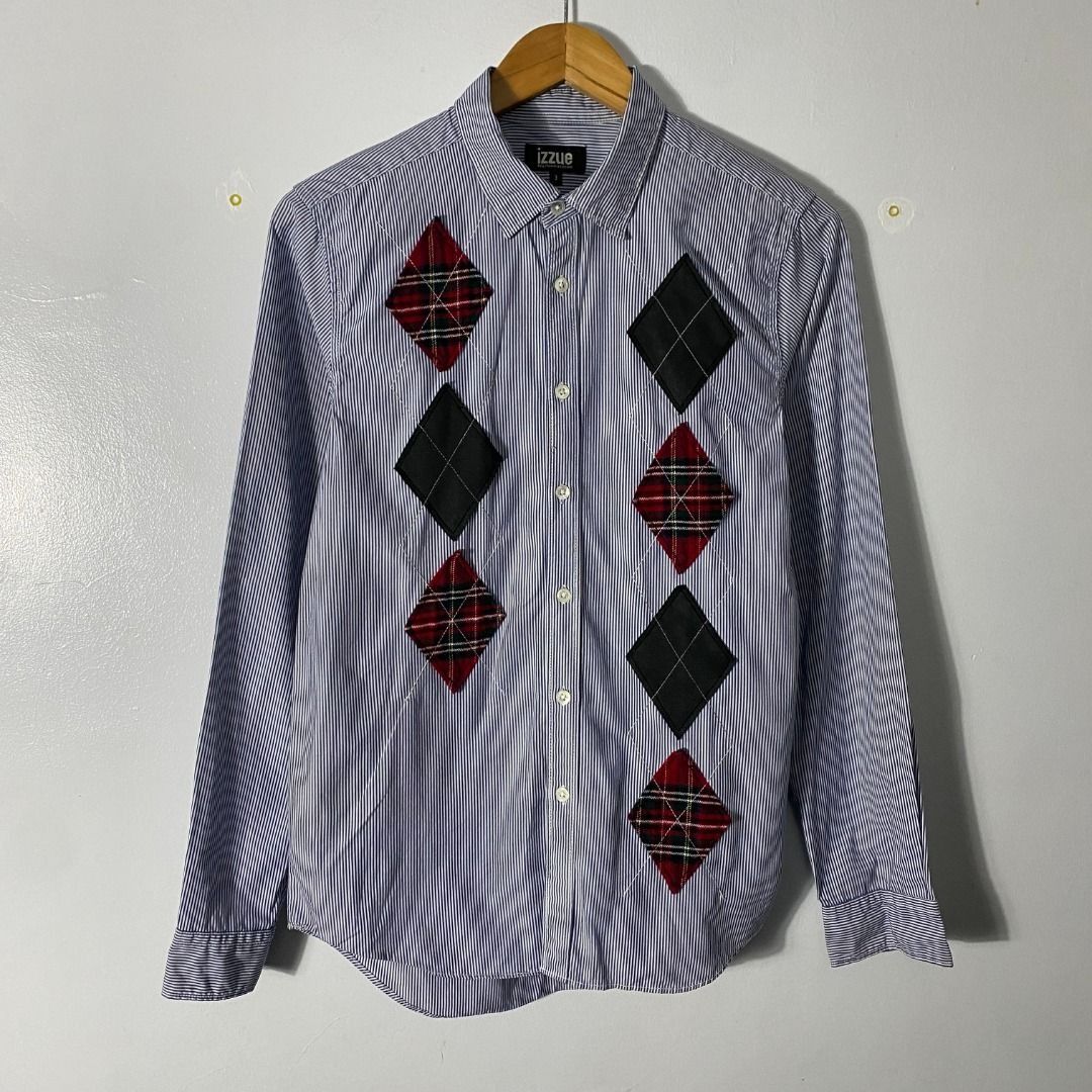 Izzue Argyle Patchwork CDG alt. Shirt S/M (Category: Formal Shirts) located in Antipolo. Submitted by bentakahitanoano (Listing ID 1466733602, Image 2). Description: Still in good condition Size 3 fit medium Pit to pit 18.5 Length 27 Comme des Garcons alternative.