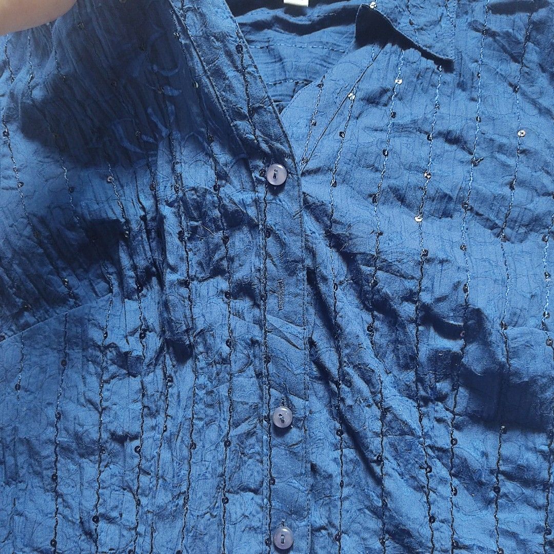 JM Collection Blue Button-Down Y2k Beaded Long sleeve (Category: Longsleeves) located in Bacoor. Submitted by kmrynl (Listing ID 1466664595, Image 3). Description: Rfs: decluttering - has loose threads at the back, needs wash at sleeves (see photos for details) - cute beaded details - good for formal wear, smart casual - see last photos for measurements (in) MOP: BPI/Maribank only MOD: J&T/Lalamove.
