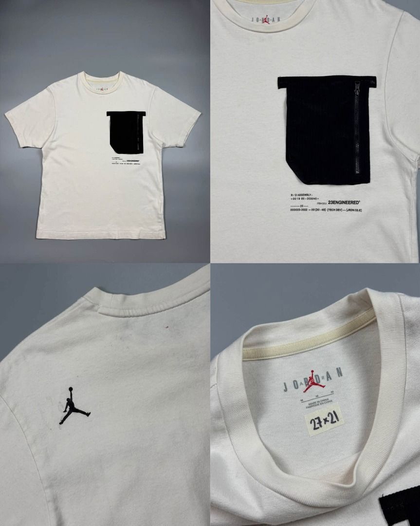 Jordan 23 Engineered Pocket Tee Off-White (Category: Tshirts & Polo Shirts ) located in Baguio. Submitted by stockedclothing047 (Listing ID 1466573011, Image 1). Description: JORDAN ENGINEERED POCKET TEE (VERY GOOD CONDITION) SIZE: MEDIUM (27L X 21W) - Color: Off-white - Brand: Jordan 23 Engineered - Contrast black utility chest pocket with zipper and technical text print - Embroidered black Jumpman logo on the upper back right shoulder - Red and